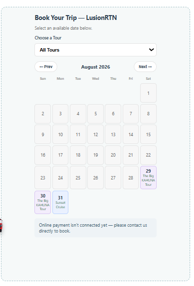 Lusion RTN online tour booking calendar