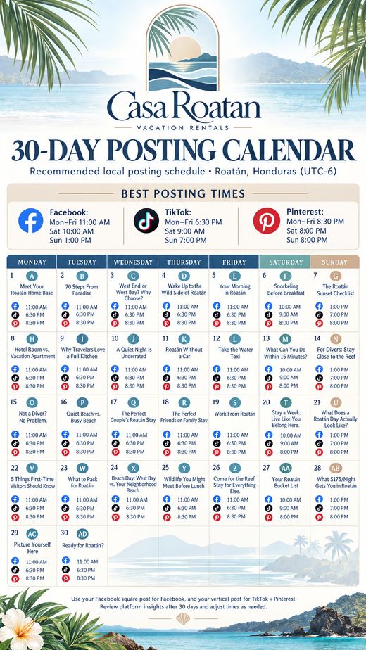 Sample 30-day posting calendar showing a post letter and suggested times for each day